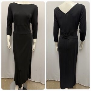 Escada Evening Long Dress Black Rayon Jersey Back Corset Laces Cold Shoulder 40